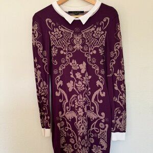 Cynthia Steffe Collar Purple long sleeve Sweater Dress, Baroque Design, Size L
